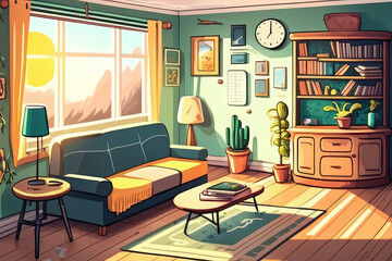 Living room interior, colorful and bright illustration in cartoon style. Generative AI