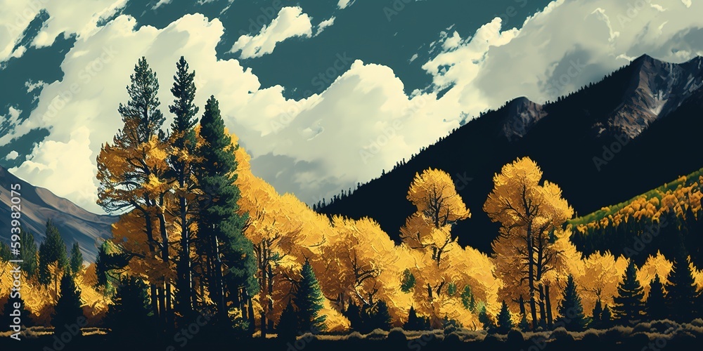 Poster daytime setting with white clouds and a mountain surrounded by green and yellow trees. generative ai
