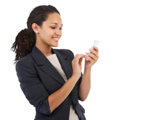 Phone, studio and black woman typing business email, reading news or internet, web or online search. Happy female on mobile smartphone app or corporate employee isolated on transparent png background