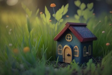 Miniature house on the green grass with bokeh background