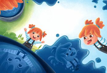Naklejka premium little girl plays with water and bucket illustration for children