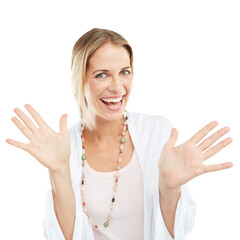 Surprise, excited and portrait of woman with open hands on png, isolated and transparent background. Happy, wow emoji and female with smile for announcement, celebration and success for winning