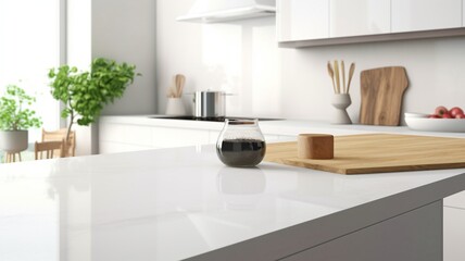 Over a contemporary white kitchen table, place your product display. The Generative AI