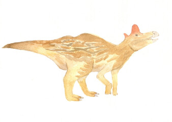 watercolor illustration of a young dinosaur named Lambeosaurus with brown and yellow coloring