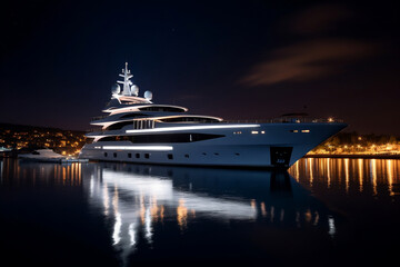 Fototapeta na wymiar Large private yacht at night docked illuminated LED