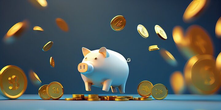 flaying coin to piggy bank on blue background by ai generative