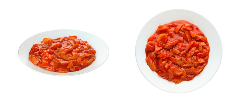 Collage of lecho in dishware on white background, top and side views