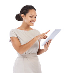 Business, digital tablet and woman in studio happy on isolated, transparent and png background....