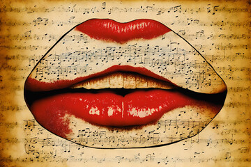 A decoupage paper sheet with a classical musical score and a lip-shaped cutout. Generative AI.
