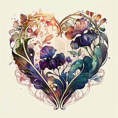 colorful heart shaped flowers in watercolor technique on white background, abstract floral art nouveau style ornaments, generative ai
