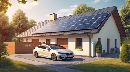 Shiny new house cottage with EV car plug charging. The Generative AI