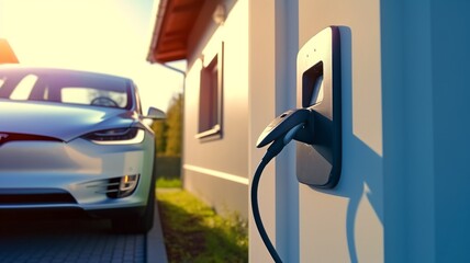 Fototapeta na wymiar Shiny new house cottage with EV car plug charging. The Generative AI