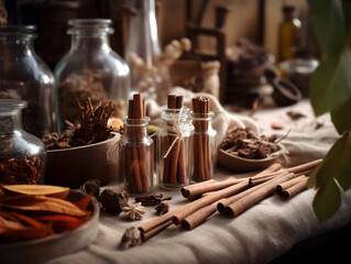 Fototapeta na wymiar Still life of herbs and spices in jars on wooden table. Close up healthy culinary backdrop.