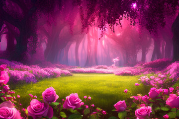 realistic art fairy landscape forest style alice in wonderland with pink roses - obrazy, fototapety, plakaty