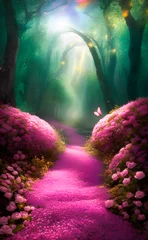 Foto op Aluminium realistic art fairy landscape forest style alice in wonderland with pink roses © Ocharonata
