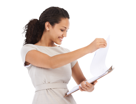 Business, checklist and woman with smile, clipboard and survey or report isolated on transparent png background. Schedule, form and happy female manager check inventory, stock or documents in studio