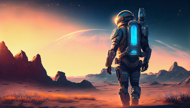 Masculine space cadet walking in an alien desert. Space man on another planet. Ai generated image