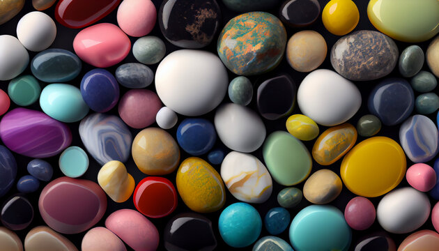 Seamless Texture of rounded multi-colour marble texure background. Multicolor stone on beach. Ai generated image