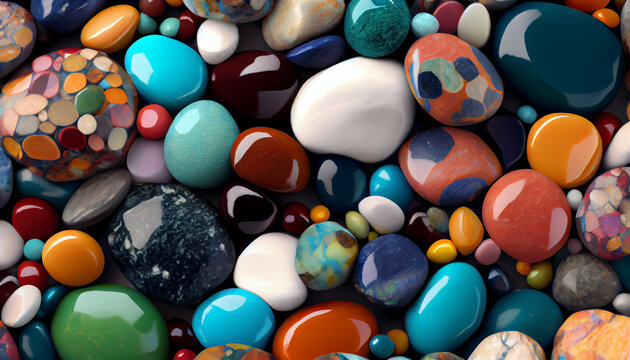 Seamless Texture of rounded multi-colour marble texure background. Multicolor stone on beach. Ai generated image