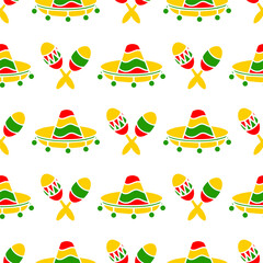 Sombrero hats and Maracas doodle illustration seamless pattern. Vector hand drawn background of Mexican fiesta party and Cinco de Mayo holiday.