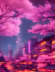 Fantasy Japanese night view city cityscape, neon pink light, residential buildings, big sakura tree. Night urban anime fantasy setting downtown background. 3D illustration
