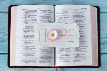 Hope handwritten word on paper with a flower on open holy bible book. Top view. Christian biblical...