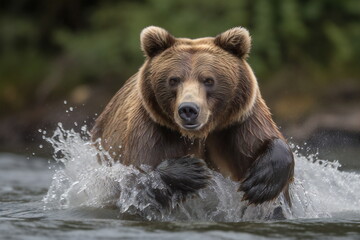 Obraz na płótnie Canvas Grizzly Bär in Fluss bei der Jagd nach Lachs erstellt mit Generative AI Technik