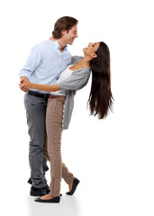 Dance, love and happy with couple on png background for celebration, romance and valentines day. Affectionate, bonding and music with man and woman dancing on isolated transparent for date