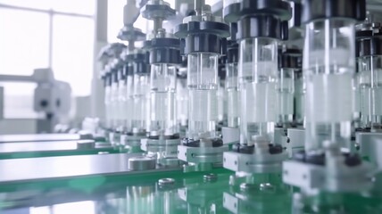 Production Line for Medical Ampoules at a Contemporary Pharmaceutical Facility.The manufacturing process for medications involves filling glass ampoules. The Generative AI