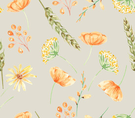 Watercolor seamless pattern. Floral pattern. Botanical print. Design with watercolor flowers. wild flowers, colorful plants. Idea for textile, fabric, home decor, packing, decor.