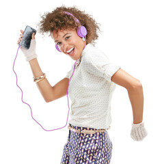 Mobile, portrait or happy girl in headphones for dance music, radio or funky online audio on png background. Retro fashion, freedom or Brazilian woman streaming song or dancing isolated in studio