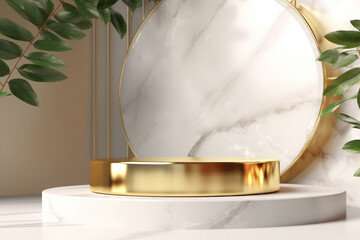 3d luxury marble podium and tropical leaves background. Copy space product presentation. Generative ai.