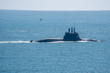 Royal Navy Submarine within the breakwater area of Plymouth Sound Devon England