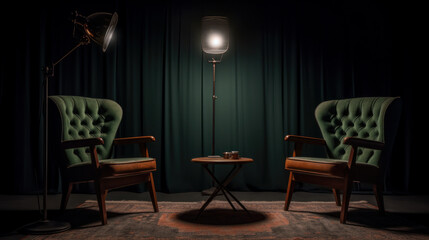 Stylish interior, two chairs, studio light, interview scene. Al generated - obrazy, fototapety, plakaty
