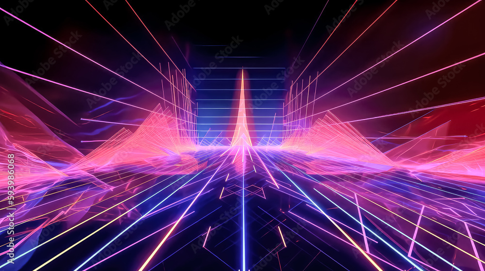 Aufkleber an abstract panoramic background with neon light and laser show was created - generative ai