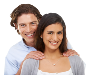 Portrait, love and couple support in studio, smile and relax while bonding together. Happiness, marriage or face of man and woman for valentines day, dating and isolated transparent png background