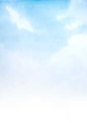 watercolor illustration of landscape, blue sky with white clouds