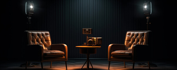 Stylish interior, two chairs, studio light, interview scene. Al generated
