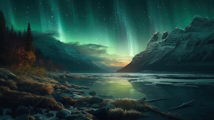 Naklejka premium Night with an aurora borealis in the sky. Generative AI.