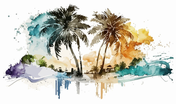 Beach Palm Trees Island Ocean Seascape Vacation Colorful Vector Watercolors