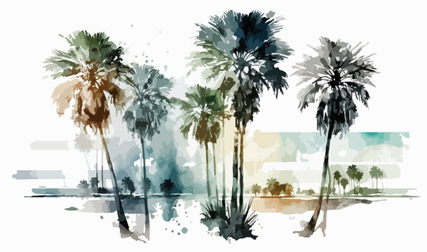 Palm Trees Watercolor Vacation Colorful Landscape Vector Sunshine Summer