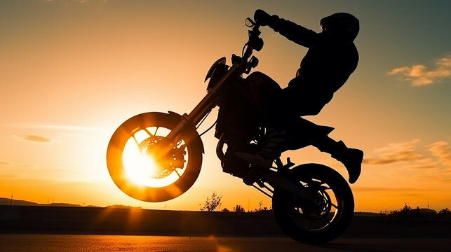 Motorradfahrer macht Stunts zum Sonnenuntergang KI