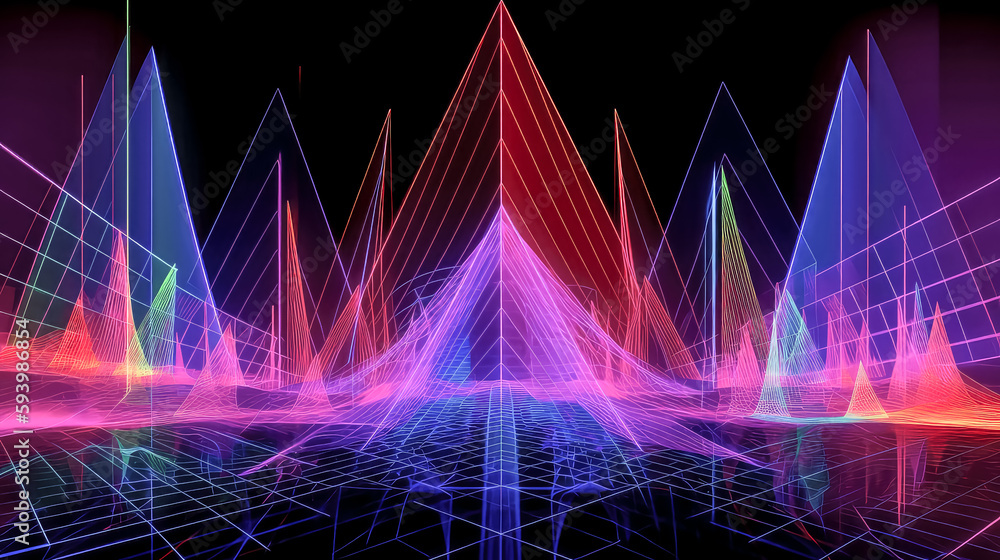 Poster a vibrant and captivating abstract panoramic background, illuminated by neon light and laser show, w