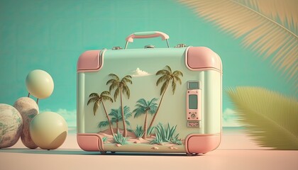 Suitcase against summer tropical background. Vacation travel concept. 