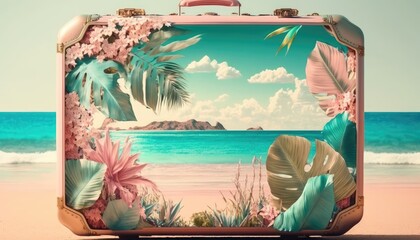 Suitcase against summer tropical background. Vacation travel concept. 
