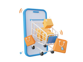3d cartoon design illustration of Smartphone and Parcel box with Shopping bags, Shopping online on mobile concept. © NuTz