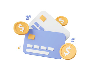 3d cartoon design illustration of Credit cards with dollar coin, Payments by credit card.