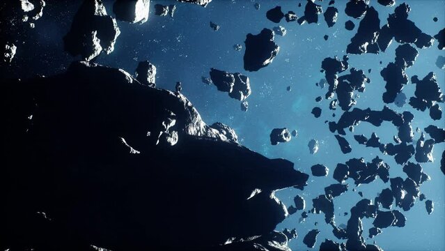 cinematic flight through dark deep space asteroid field with stars