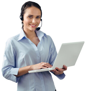 Woman Talking on Headset and Typing on Laptop - Isolated