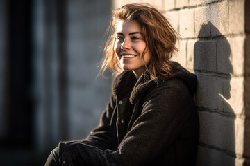 smiling girl by the wall 9, Generative AI